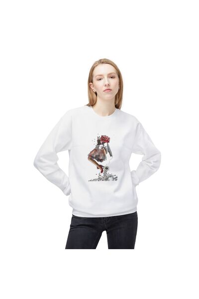 Gül başlı kadın desenli bisiklet yaka sweatshirt