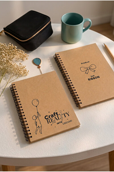 kRFT A5 Kraft Spiralli Çizgisiz Defter 2'li Set 40 Yaprak Kurdele ve Balon Ta...