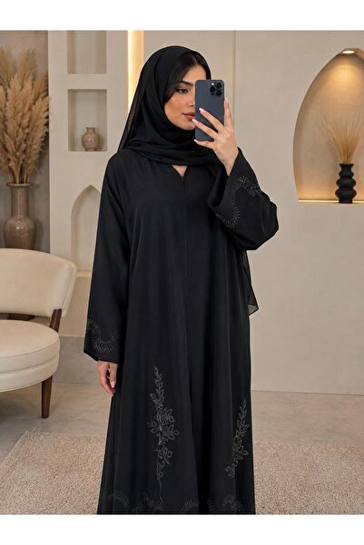 my abaya عباية نسائية سوداء طويلة بتطريز نباتي أنيق