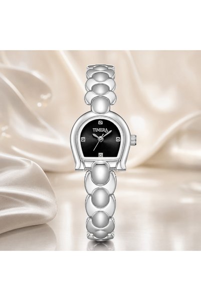 TIMERA ساعة فضية بمينا سوداء ومؤشرات لامعة --TIMERA Silver-Tone Watch with Bl...