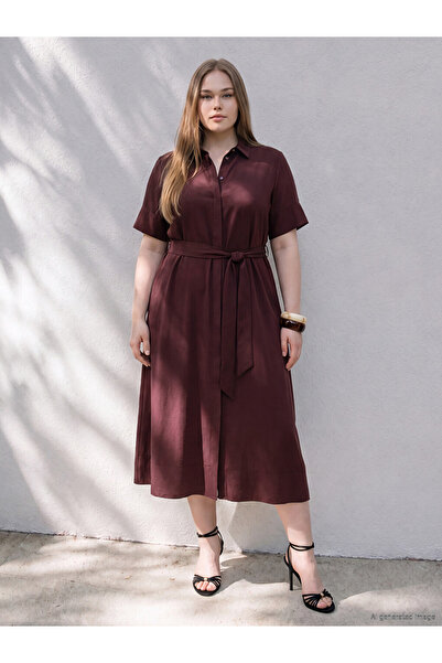 LC Waikiki Ozmarka New Season Burgundy Plus Size Belted Shirt Dress