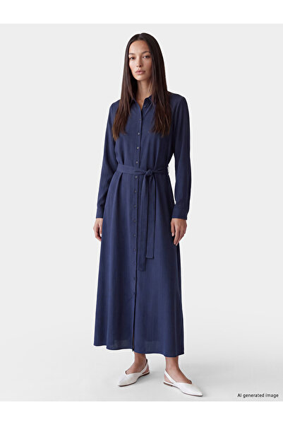 LC Waikiki Vizyon New Season Navy Blue Striped Belted Shirt Dress