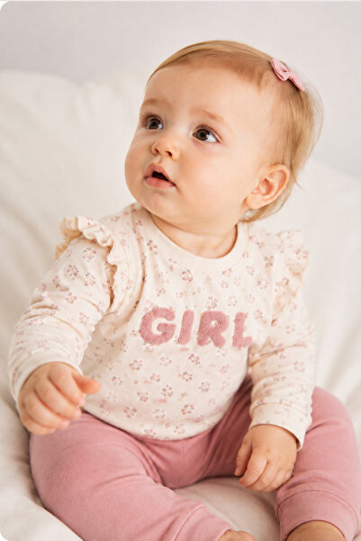 Rocha Baby Floral Embossed Lettering Ruffle Sweatshirt and Elastic Waist Pant...