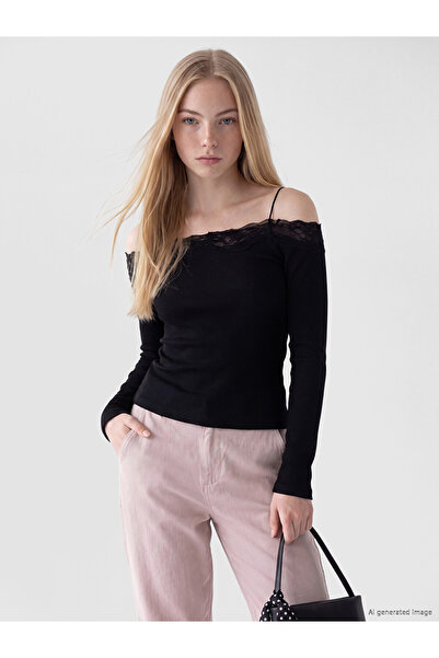 LC Waikiki Black Lace Blouse with Rope Straps