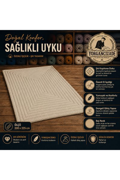 Yorgancızade - Bej Kapitone Çift Kişilik %100 Yün Dolgu %100 Pamuk Dokulu Yorgan 200x225 cm – El ile Sopalama ve Hazırlama