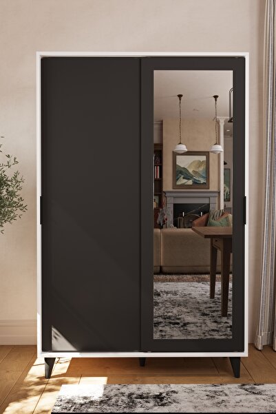 Liminal Aynalı Vestiyer – 8 Raflı, Sürgü Kapaklı Portmanto & Askılık, Beyaz / Antrasit