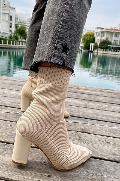İmerShoes Günlük Kadın Streç Triko Kalın Yüksek Topuklu Bot Bootie Çorap Şeritli Sivri Burun Ayakkabı 167
