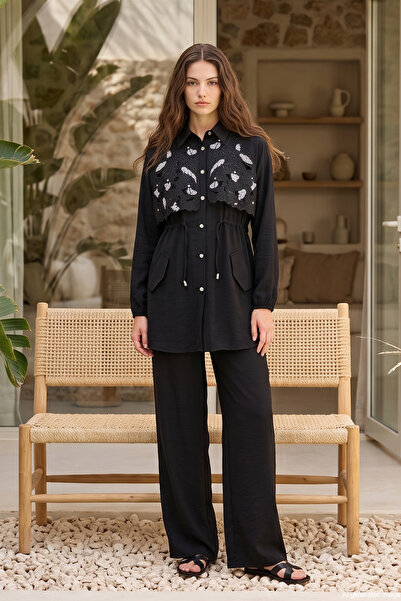 Lale Butik Tuniğin Front Stone Detailed Waist Gathered Suit 2271 Black