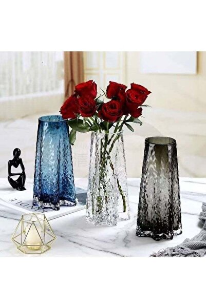 ViViRaSmi Ocean Blue Hammered Glass Vase –25cm- Glacier Texture Decorative Fl...