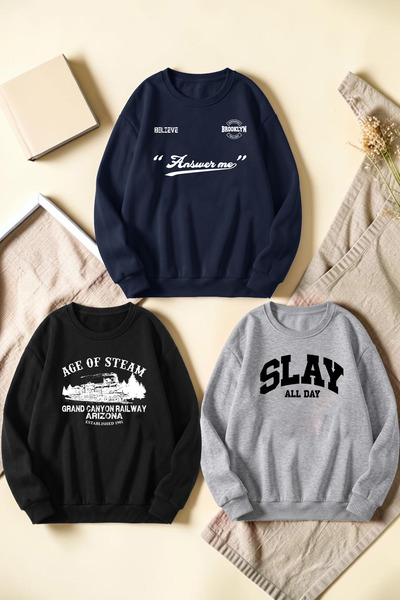 uyguntarz Unisex Mixed Printed Crew Neck Sweatshirt Set – Pack of 3