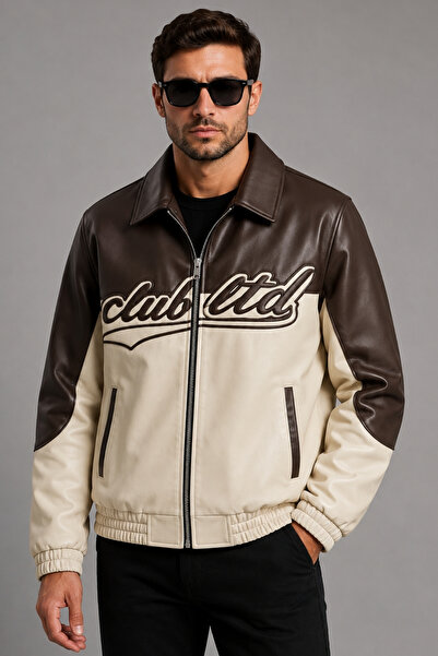 Freemen Men's Cream Double Color Oversize Faux Leather Jacket with Fur Inside