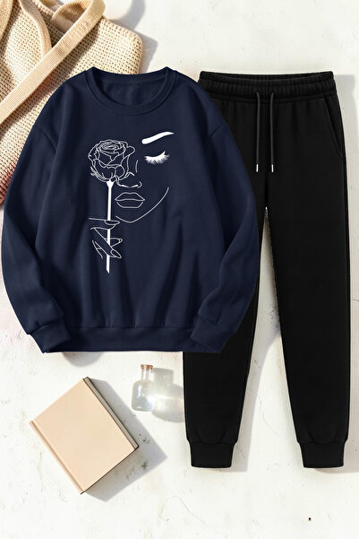 uyguntarz Unisex Rose & Silhouette Design Printed Crew Neck Sweatshirt - 2-Pi...