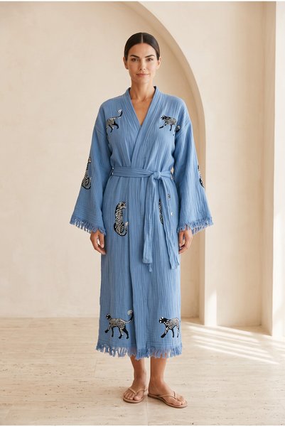 Bohoyasam Women's Muslin Long Kaftan – Stone Printed Bohemian Kimono