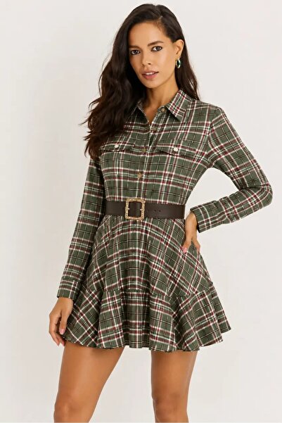 Cool & Sexy Women's Plaid Shirt Dress Khaki Burgundy Belted Long Sleeve Floun...