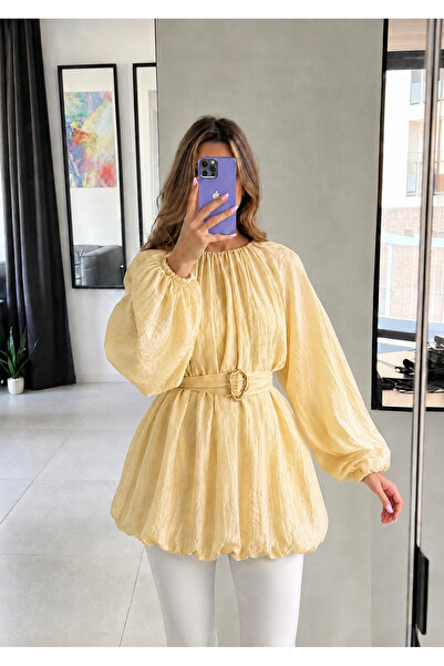 Ekim Store Modal Gathered Belted Blouse with Buckle