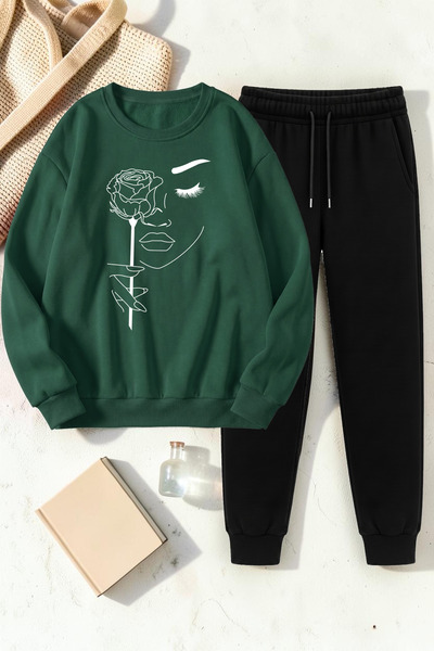 uyguntarz Unisex Rose & Silhouette Design Printed Crew Neck Sweatshirt - 2-Pi...