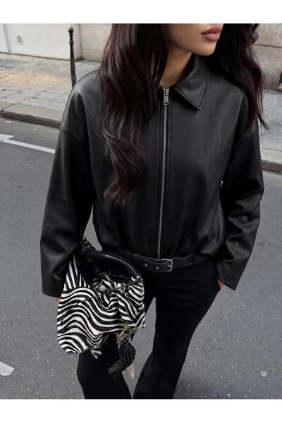 ginger love Kadın Oversize Deri Ceket– Oversize Relax Fit, Fermuarlı Kemer De...