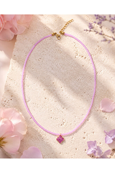 Helen Atelier Pembe Boncuklu Altın Kaplama Pembe Yonca Charm Kolye