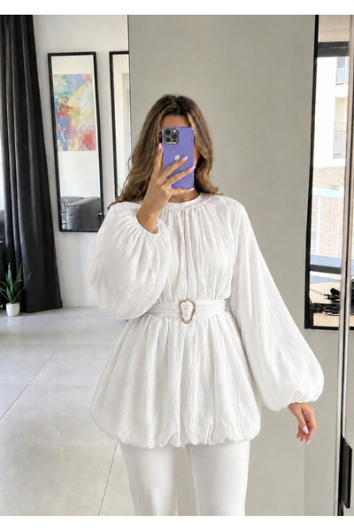 Ekim Store Modal Gathered Belted Blouse with Buckle