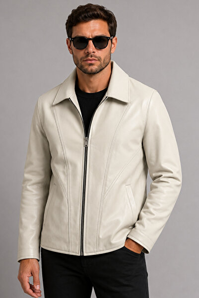 Freemen Men's Cream Zippered Regular Fit Faux Leather Jacket with Fur Inside