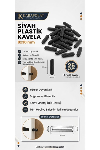 KARAPOLAT Siyah Plastik Kavela 8x30 mm (25 Adet) - Mobilya Birleştirme Dübeli