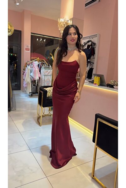 Hatice Altıntaş BORDO BEL DEGAJE DETAY ABİYE ELBİSE