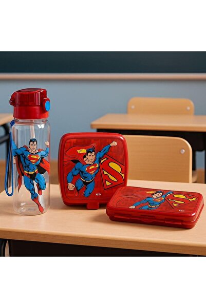 Efe Mark Superman Lisanslı Okul Seti 500 ml Matara, Beslenme Kutusu, Kalem Ku...