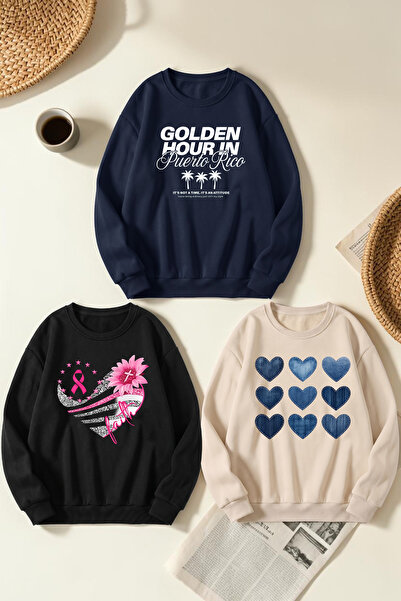 uyguntarz Unisex Mixed Printed Crew Neck Sweatshirt Set – Pack of 3