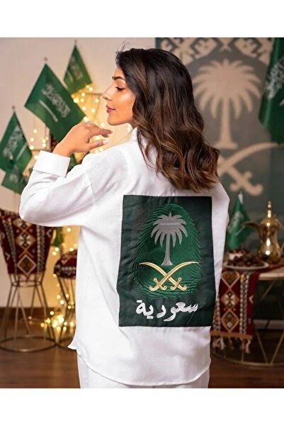 Generic قميص اليوم الوطني السعودي قماش واقف بشعار سيفين ونخلة