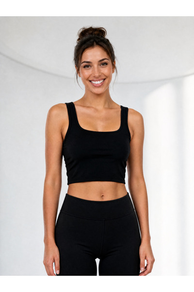Genel Markalar Kadın Tencel Göğüs Kaplı Crop Atlet - Kare Yaka Krop Top