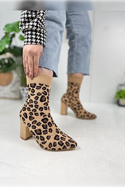 İmerShoes Günlük Kadın Streç Triko Kalın Yüksek Topuklu Bot Bootie Çorap Şeritli Sivri Burun Ayakkabı 167