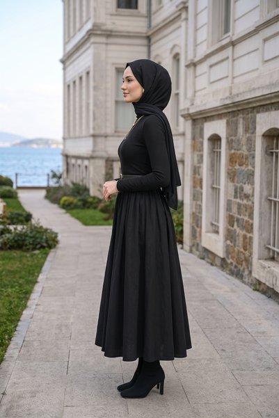 Zeneva Collection Rochie lungă neagră închisă, cu decolteu tip bicicletă și centură
