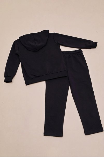berkMICIRIK Hooded Zippered Unisex Children's School Tracksuit Set Without Ribbing, Straight Leg, Without Print, Black