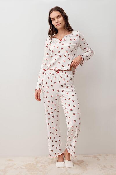 Artış Long Sleeve Cherry Patterned 100% Cotton Pajama Set