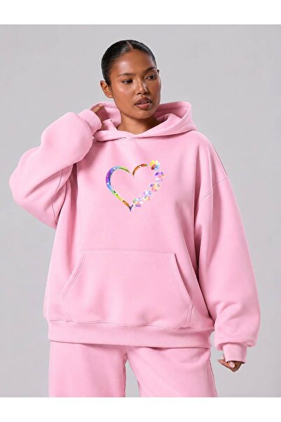 BENROMA 3 Yarn Combed Cotton Plus Size Paw Heart Printed Unisex Sweatshirt Df5