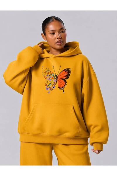 BENROMA 3 Yarn Combed Cotton Plus Size Flying Butterflies Printed Unisex Swea...
