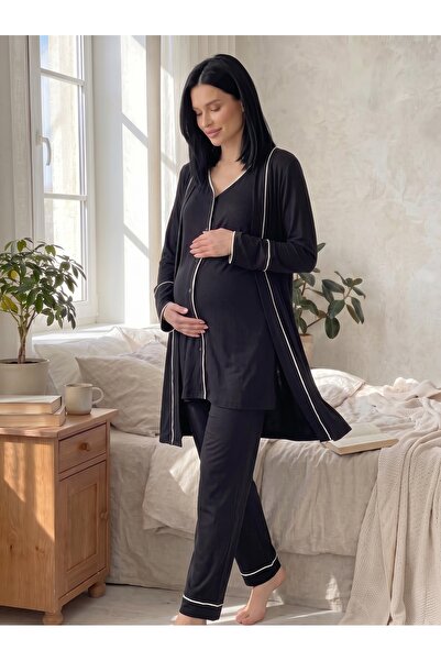 HAFSARA Women's Black Breastfeeding Compatible 3-Piece Maternity Pajama Set w...