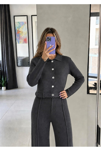 Ekim Store Set de pantaloni și bluză cu nasturi și centură, din tricotaj