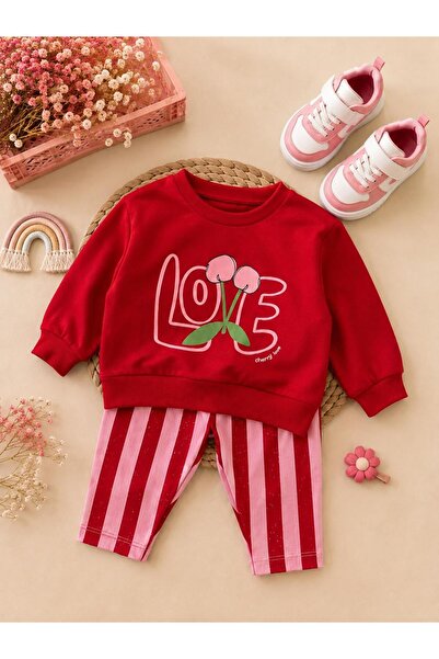 Kız Bebek Alt Üst Takım Çizgili Kabartma Love Baskılı