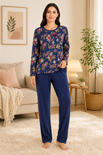 Mimoza Kadın Pamuklu Penye Lacivert Çiçek Desenli Düğmeli Uzun Kollu Pijama T...