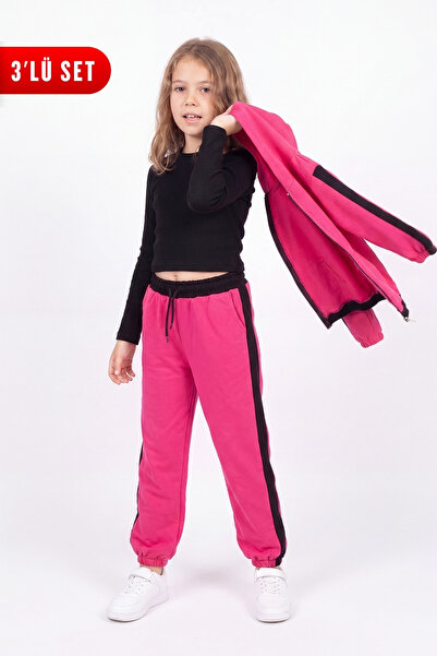 FYK KİDS Girl's Ribbed Crop and Stripe Detailed Tracksuit Set