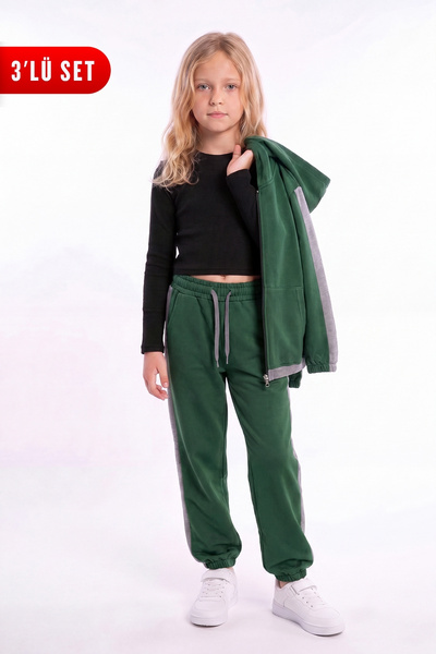FYK KİDS Girl's Ribbed Crop and Stripe Detailed Tracksuit Set