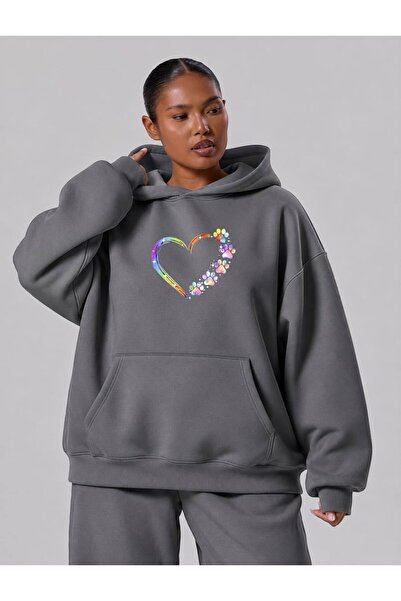 BENROMA 3 Yarn Combed Cotton Plus Size Paw Heart Printed Unisex Sweatshirt Df5