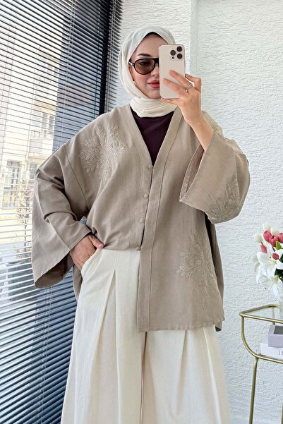 MELEK ARAZ Premıum Nakış İşlemeli V Yaka Keten Kimono - Vizon