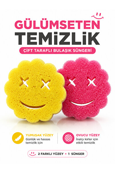 miraluni Çift Taraflı Gülen Yüz Bulaşık Süngeri Yumuşak ve Ovucu Yüzey Mutfak...