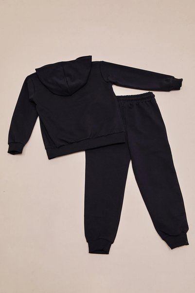 berkMICIRIK Hooded Zippered Unisex Children's School Tracksuit Set with Ribbed Trim, Plain Black