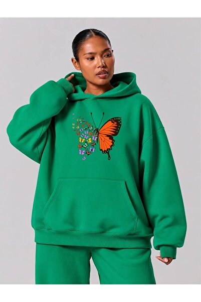 BENROMA 3 Yarn Combed Cotton Plus Size Flying Butterflies Printed Unisex Swea...