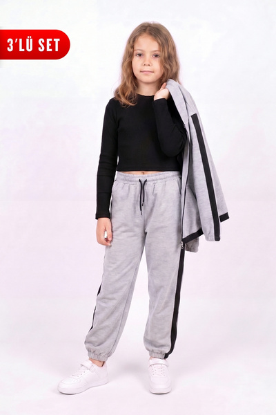 FYK KİDS Girl's Ribbed Crop and Stripe Detailed Tracksuit Set