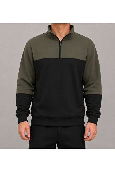 Yarım fermuarlı çift renkli sweatshirt