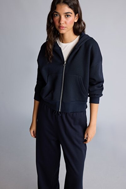 DeFacto Regular Fit Hooded Thick Zippered Basic Cardigan - Navy Blue